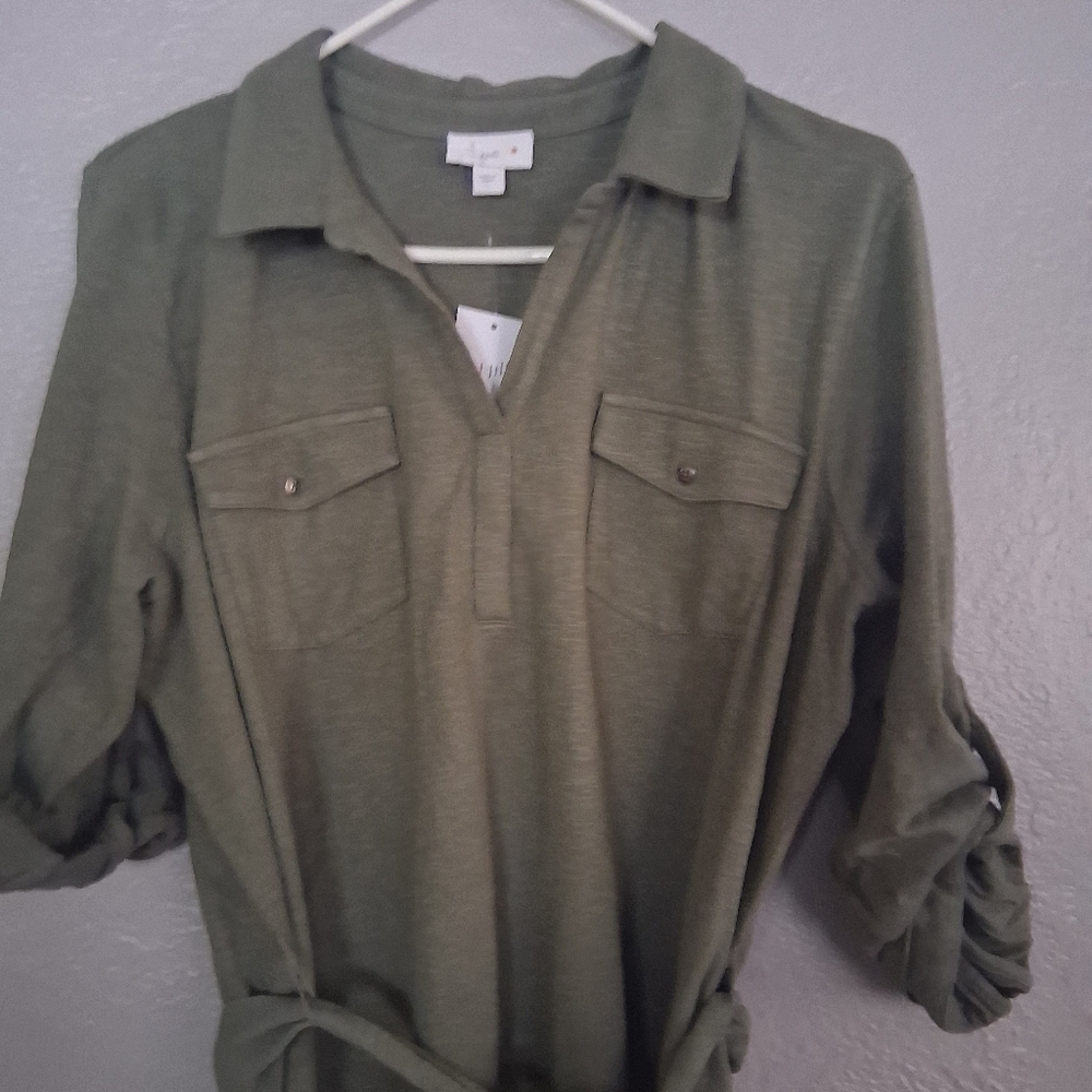 J Jill NWT Belted 100% Cotton V Neck Shirt Dress L - Picture 3 of 6
